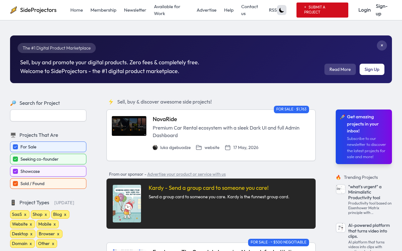 SideProjectors — marketplace for selling SaaS businesses