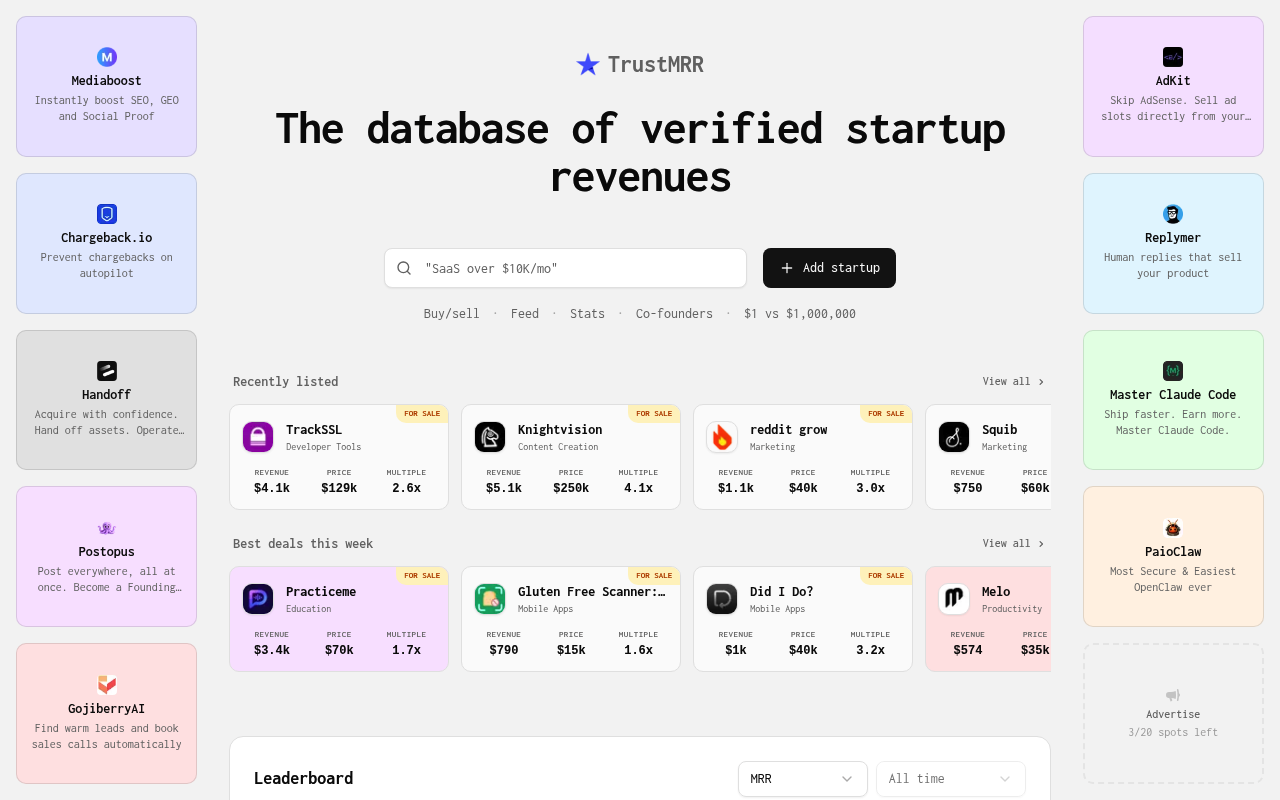 TrustMRR — marketplace for selling SaaS businesses